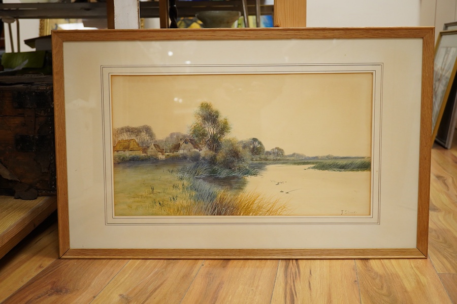 J. Stuart, pair of watercolours, Riverscapes, signed, 30 x 55cm. Condition - fair